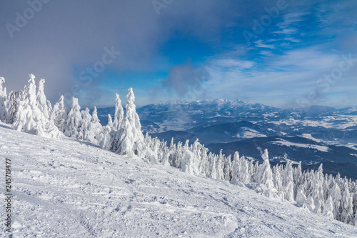 Beautiful scenery of the snowy winter landscape. View from Kubinska hola mountain in Slovakia, Europe. photo