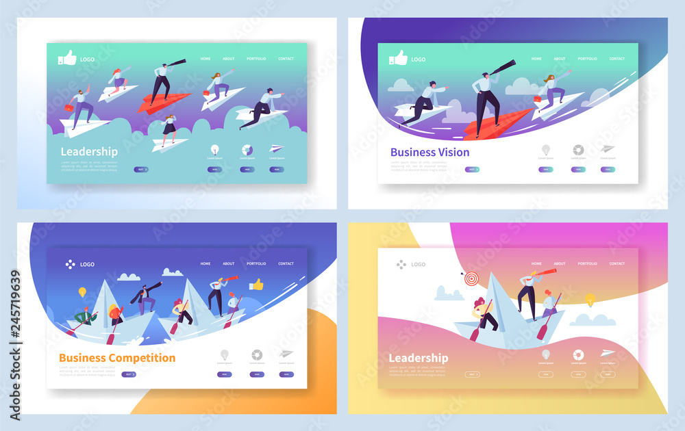 Business Leadership Growth Landing Page Set. Manager Team Challenge for Finance Profit. People Character Reaching Forward Direction Metaphor Concept for Website Flat Cartoon Vector Illustration