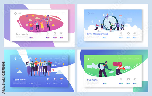 Business People Teamwork Landing Page Set. Creative Corporate Team Collaboration Work for Innovation Time Management Strategy. Overtime Character Concept for Website Flat Cartoon Vector Illustration