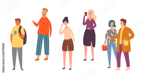 Various People Character Pose Isolated Set. Urban Person Crowd Talking Smartphone. Casual Worker Standing Alone. Adult Stylish Woman Outdoor Collection Flat Cartoon Vector Illustration