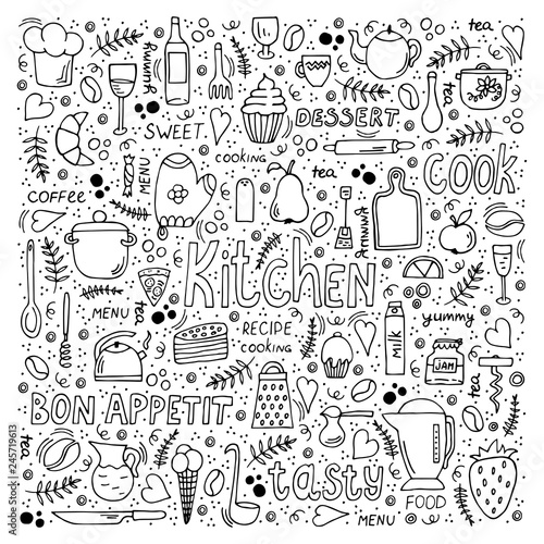 Vector illustration of kitchen utensils symbols and various desserts with hand drawn lettering. Doodle style background. 
