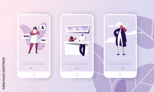 Online Support Customer Hepldesk Service App. Person Register Technology Mobile Application Page Onboard Screen Set. Hotline Chat with Happy Client Character Flat Cartoon Vector Illustration