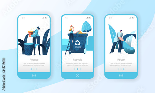 Recycle Garbage Trash Bin Mobile App Page Onboard Screen Set. People Reuse Plastic to Clean Environment. City Ecology Container Concept for Website or Web Page. Flat Cartoon Vector Illustration