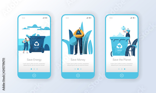 Recycling Plastic Garbage Bin Mobile App Page Onboard Screen Set. People Reuse Trash to Reduce Nature Pollution. Eco Energy Character Concept for Website or Web Page. Flat Cartoon Vector Illustration