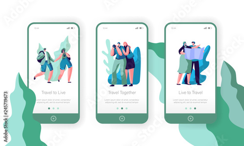 People Couple Travel Mobile App Page Onboard Screen Set. Tourist Man Walk at Vacation with Backpack, Camera and Map. Hiking Photographer for Website or Web Page. Flat Cartoon Vector Illustration