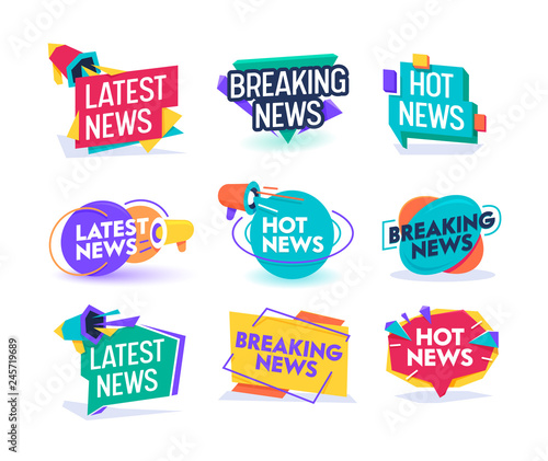 Hot Latest News Daily Update Badge Template Set. Important Breaking Report Label Geometric Design. Online Magazine Typography Message Information Sticker Sign Flat Vector Illustration