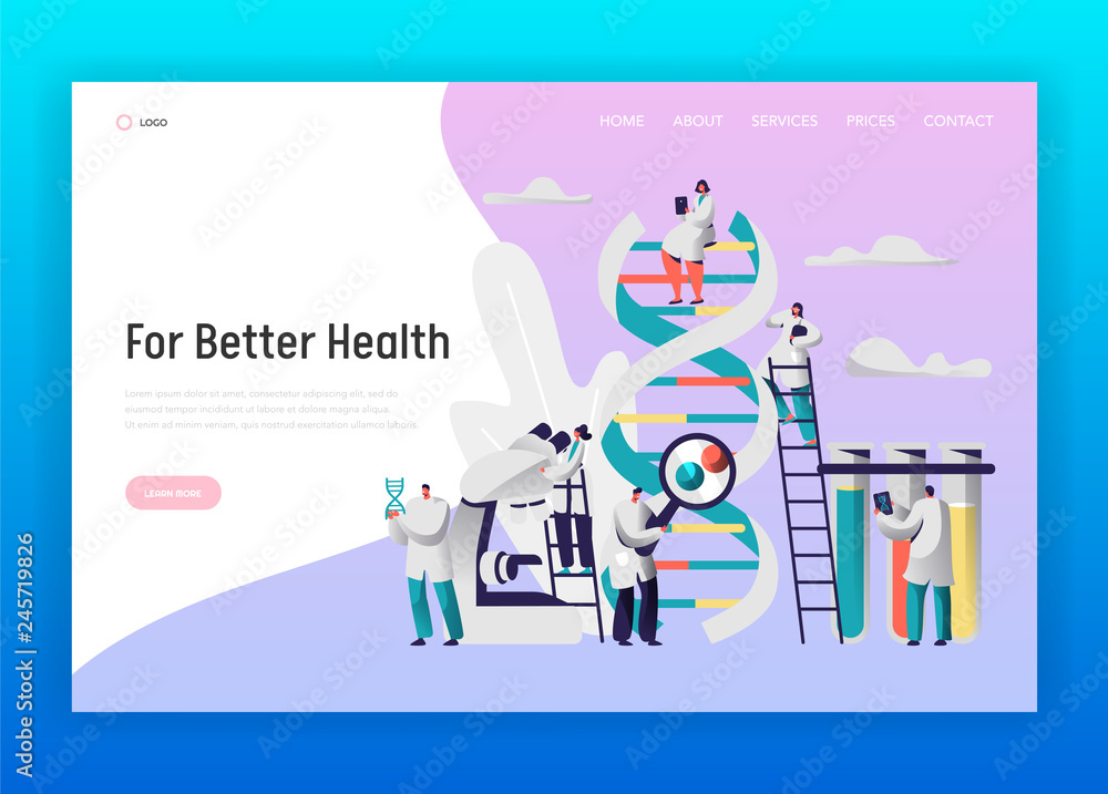 Chemical Laboratory Test Dna Data Landing Page. Medical Pharmaceutical Explorer Equipment Microscope. Male Researcher Explore Radiograph for Website or Web Page Flat Vector Cartoon Illustration