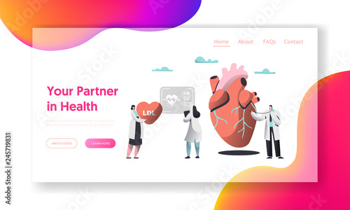 Professional Health Care Partnership Landing Page. Cardiologist with Stethoscope listen Human Heartbeat. Female Record Hospital Chart in Patient Card. Flat Cartoon Vector Illustration photo