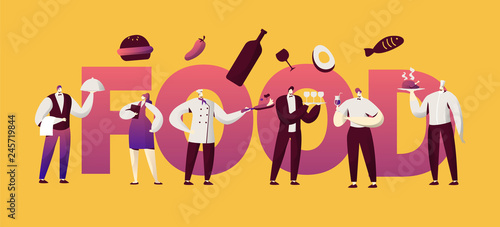 Restaurant Food Waitress Character Typography Banner. Cafe Man in Uniform Cook French Menu Cuisine. Hotel Bar Staff People Serving Design for Print Horizontal Poster Vector Flat Cartoon Illustration