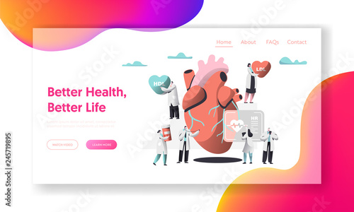 Better Health, Heart Life Test Landing Page. Cardiologist write Case History in Personal Card. Female bring Medicine Container. Male with Stethoscope listen Heartbeat. Flat Cartoon Vector Illustration