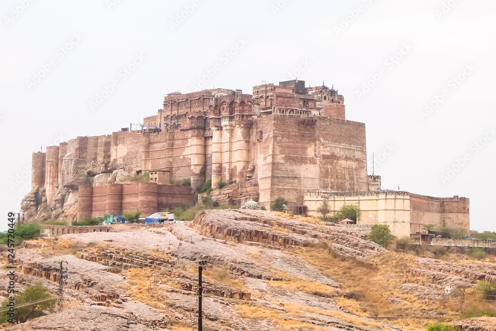 Jodhpur, India. View of Mehrangarh fort in foggy day.