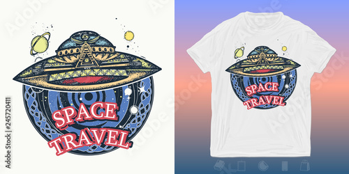 Ufo space ship and universe . Print for t-shirts and another, trendy apparel design. Paranormal activity, first contact alien