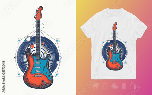 Guitar and universe. Music rock print for t-shirts and another, trendy apparel design photo