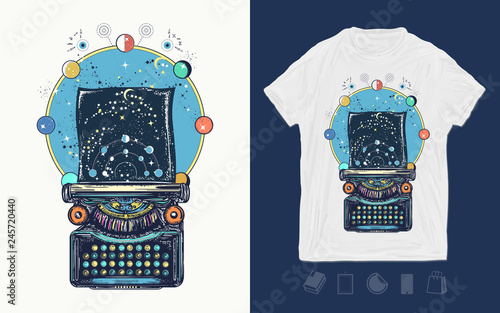 Antique typewriter with paper prints Universe, surreal print for t-shirts and another, trendy apparel design. Symbol of imagination, literature, philosophy, psychology, imagination