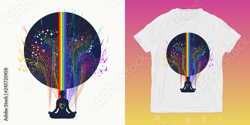 Meditation. Yoga print for t-shirts and another, trendy apparel design. Human in a lotus pose. Symbol of secret knowledge, harmony of soul and body, wisdom, religion