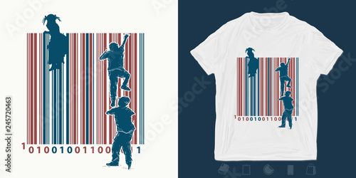 Bar code. Children climb over fence. Print for t-shirts and another, trendy apparel design. ymbol of freedom and slavery, consumer society, globalization, future of mankind, digital world, big brother