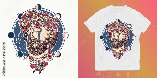 Jesus Christ in universe. Print for t-shirts and another, trendy apparel design. Symbol of christianity, prayer, religion. Prophet cries stars surreal art