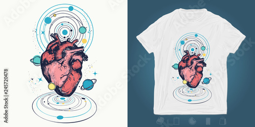 Heart in space. Print for t-shirts and another, trendy apparel design.  Symbol of love, philosophy, psychology, imagination, dream