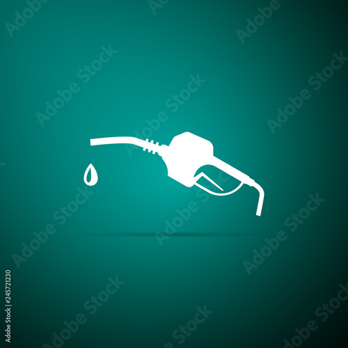 Gasoline pump nozzle icon isolated on green background. Fuel pump petrol station. Refuel service sign. Gas station icon. Flat design. Vector Illustration