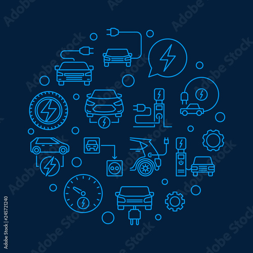 Plug-in electric vehicle circular vector blue illustration in outline style on dark background