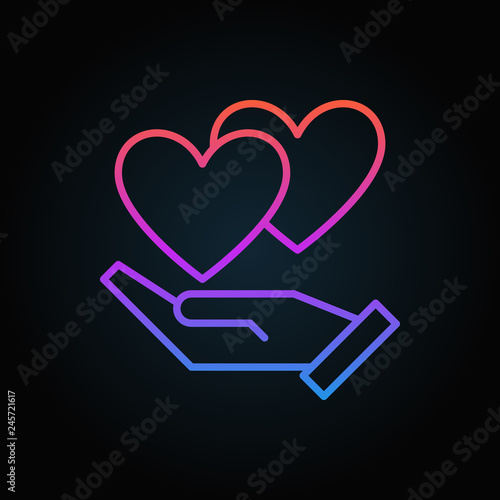 Hand with hearts vector colored icon in thin line style on dark background 