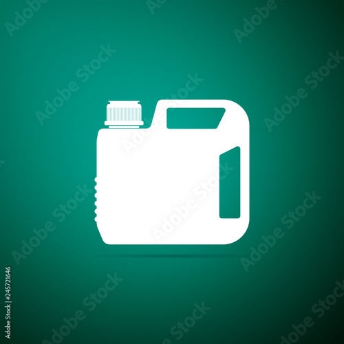 Plastic canister for motor machine oil icon isolated on green background. Oil gallon. Oil change service and repair. Engine oil sign. Flat design. Vector Illustration