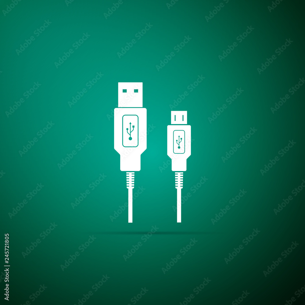 USB Micro cables icon isolated on green background. Connectors and sockets for PC and mobile devices. Computer peripherals connector or smartphone recharge supply. Flat design. Vector Illustration USB Micro cables icon isolated on green background. Connectors and sockets for PC and mobile devices. Computer peripherals connector or smartphone recharge supply. Flat design. Vector Illustration