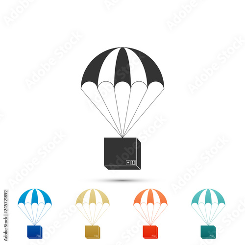 Fototapeta Naklejka Na Ścianę i Meble -  Box flying on parachute icon isolated on white background. Parcel with parachute for shipping. Delivery service, air shipping concept. Set elements in colored icons. Flat design. Vector Illustration
