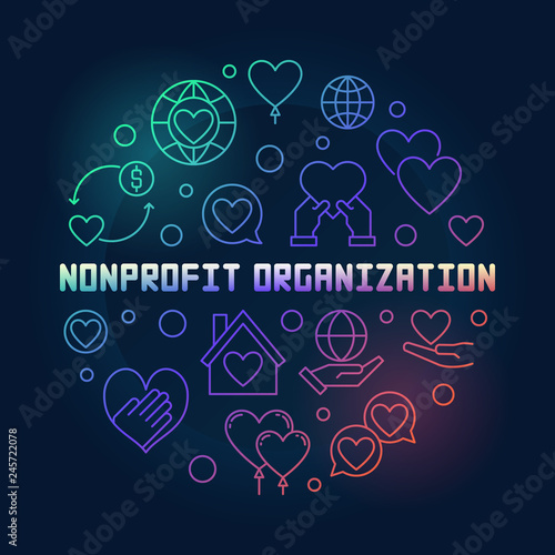 Nonprofit organization round vector colored illustration in outline style on dark background