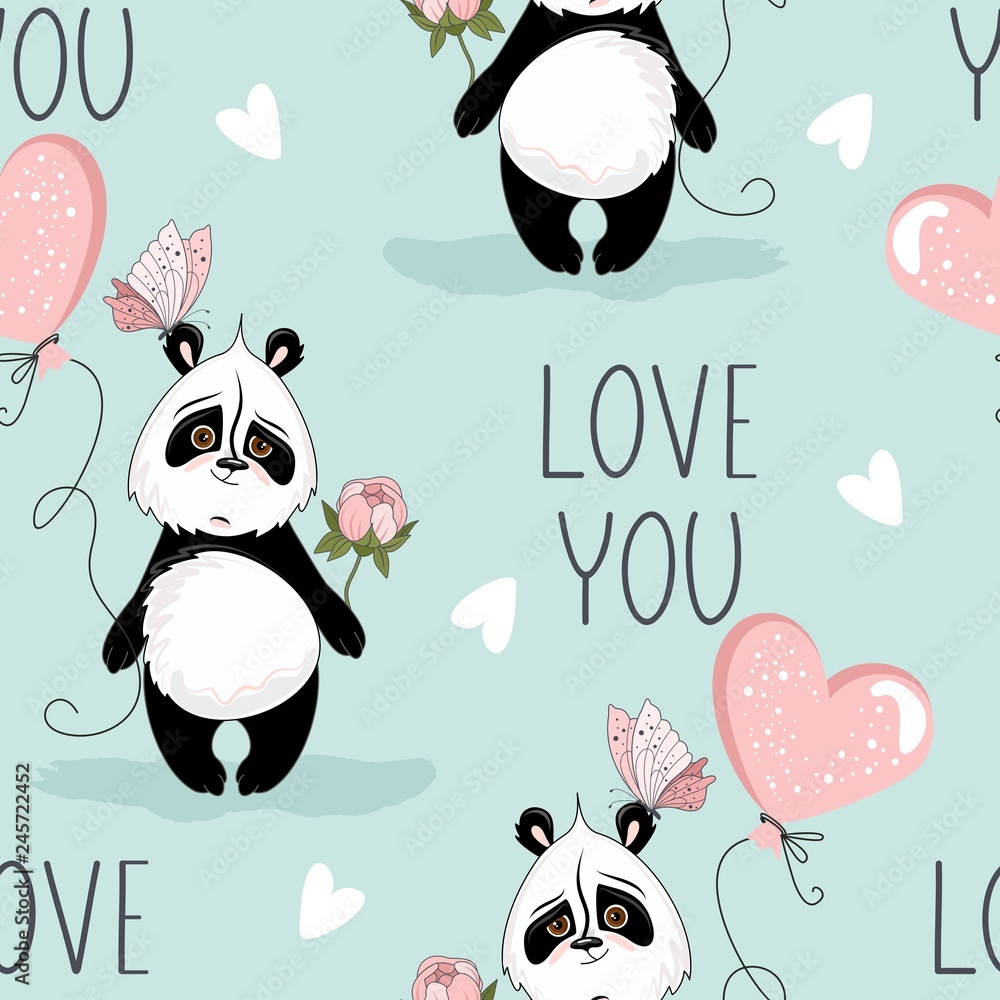 Seamless pattern with Valentine's Day. Cute Panda with romantic elements. Vector illustration Seamless pattern with Valentine's Day. Cute Panda with romantic elements. Vector illustration