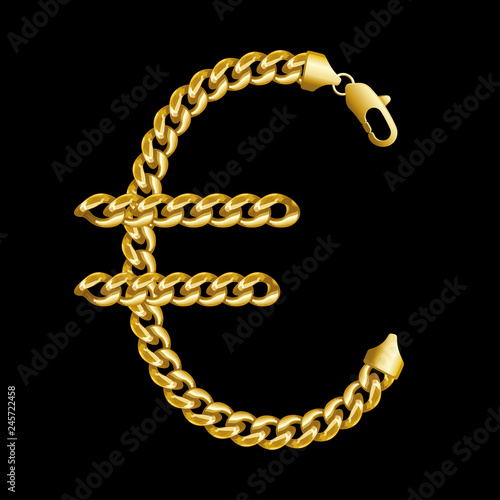 Gold euro money sign made of shiny thick golden chains with a lobster lock. Realistic vector detailed illustration isolated on a black background.