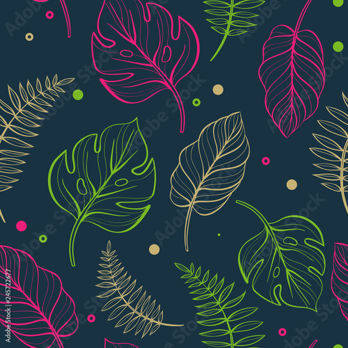 Fototapeta Naklejka Na Ścianę i Meble -  Seamless floral pattern with tropical leaves with dots and circles. Line drawing. Hand-drawn illustration.