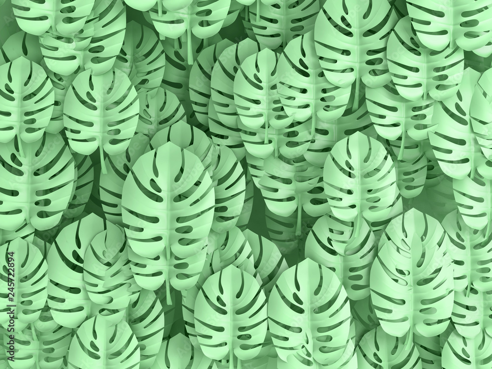 Tropical Monstera leaves, green background. 3D illustration.