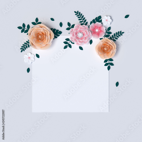 Paper flowers and leaves decoration, origami art handmade floral botanical background, 3d rendering