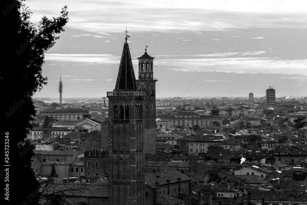 Veronese bell towers portrayed in black and white from the hills, among the elms on a beautiful winter day with a clear sky