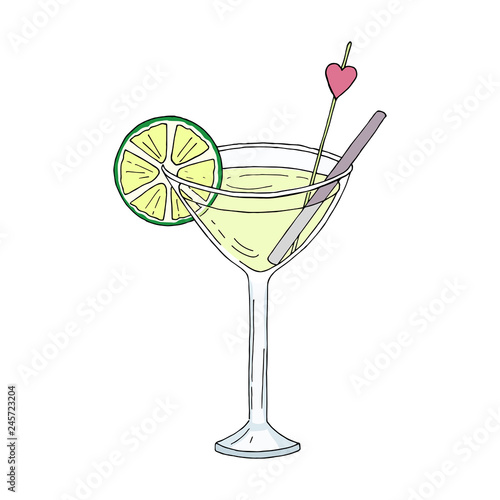 Margarita cocktail in a glass with a slice of lime and a tube isolated on a white background. Hand drawn cartoon style.  