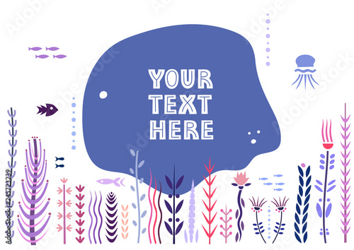 Vector template with space for text. Theme of underwater world, fishes and seaweeds, travel