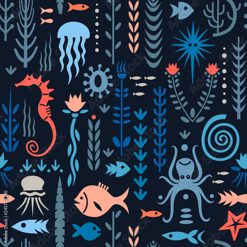 Seamless pattern with underwater plants and animals. Concept for nursery prints, textile, wallpapers. Red and blue palette on a dark background