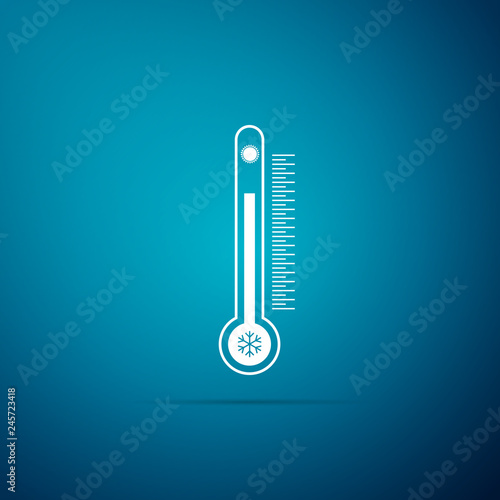 Thermometer with scale measuring heat and cold, with sun and snowflake icon isolated on blue background. Flat design. Vector Illustration