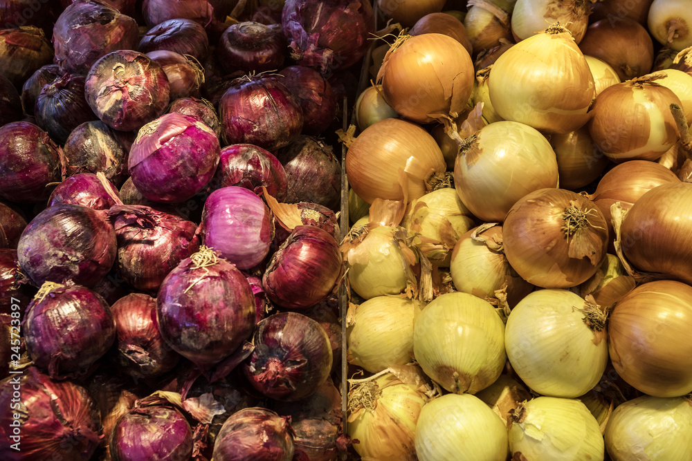 Natural Vegetables on Market Counter. Onion types