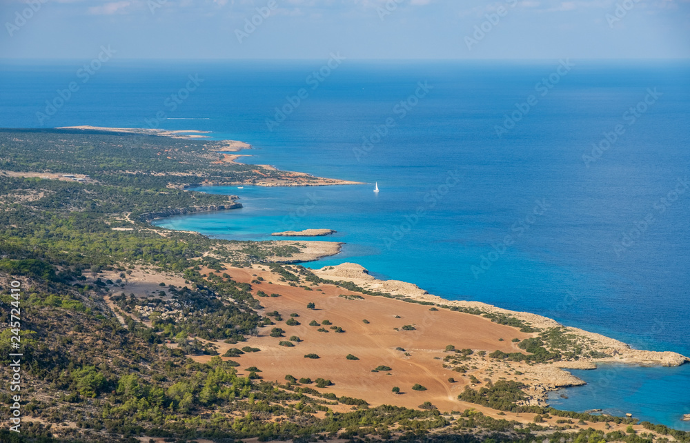 Bays and blue lagoon seen from Aphrodite trail, Akamas peninsula, Cyprus