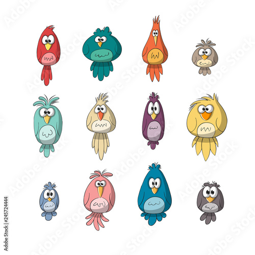 Collection of funny cartoon birds, hand draw illustration