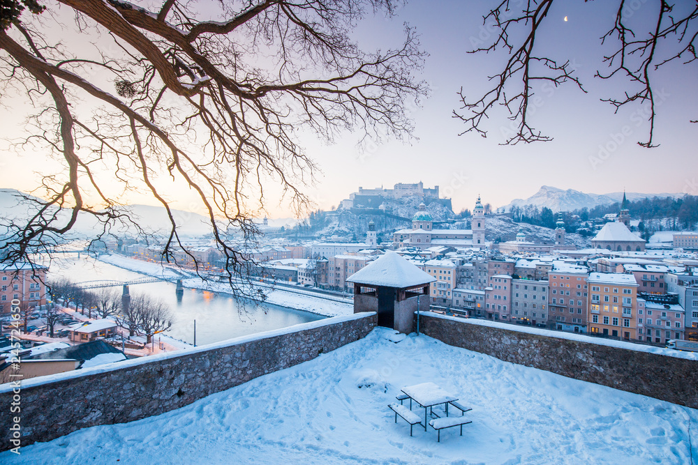 Historic city of Salzburg at sunrise in winter, Austria