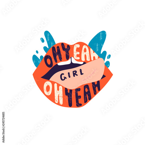 Oh yeah girl. Open mouth with red lips and pink tongue. Vector hand drawn isolated illustration for t-shirts, postcards, posters, prints