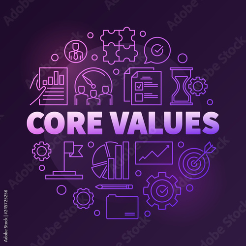 Company core values vector round creative linear illustration on dark background