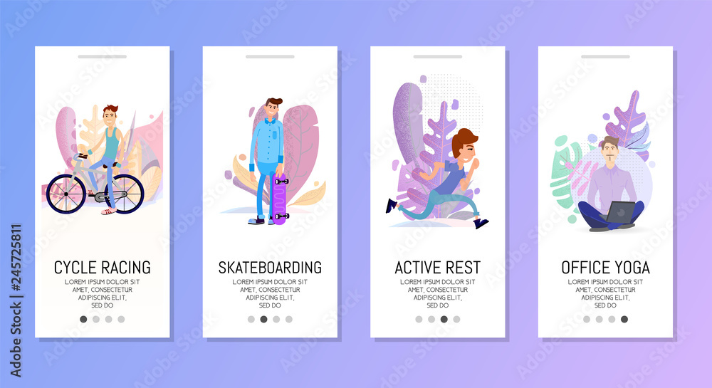 Landing page leisure, cycling, skateboarding, yoga in the office characters flat style