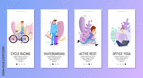 Landing page leisure, cycling, skateboarding, yoga in the office characters flat style