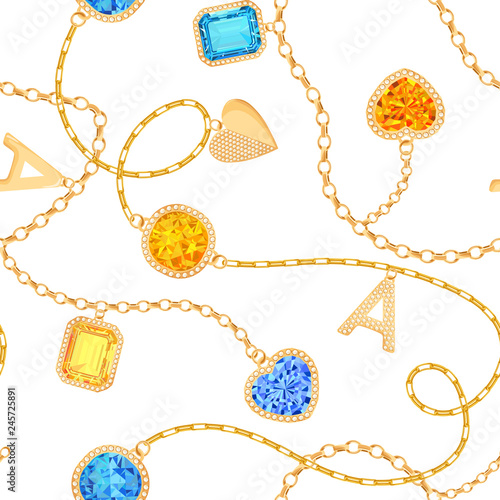 Golden Chains and Gemstones Seamless Pattern. Jewelry Emeralds, Gold Pendants, Gems and Diamonds Fashion Pattern for Fabric Textile. Vector illustration