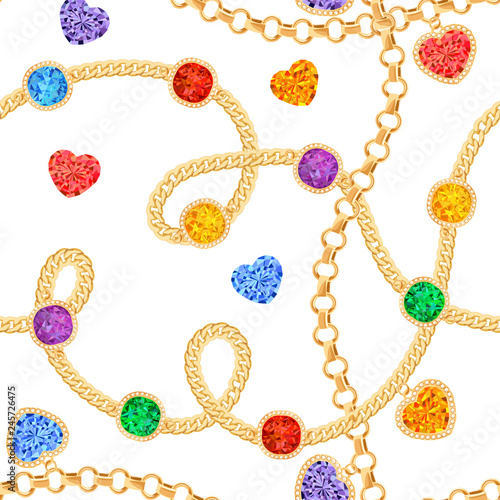 Golden Chains and Gemstones Seamless Pattern. Jewelry Emeralds, Gold Pendants, Gems and Diamonds Fashion Pattern for Fabric Textile. Vector illustration