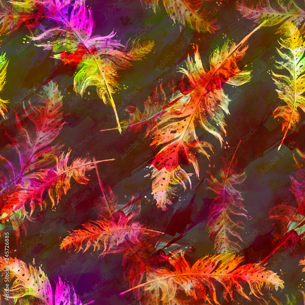 Seamless watercolor abstract background with beautiful pink, purple, lilac feathers, autumn leaf drawings. Vintage illustration with an abstract pink paint glue. For textiles, material,wallpapers. Seamless watercolor abstract background with beautiful pink, purple, lilac feathers, autumn leaf drawings. Vintage illustration with an abstract pink paint glue. For textiles, material,wallpapers.